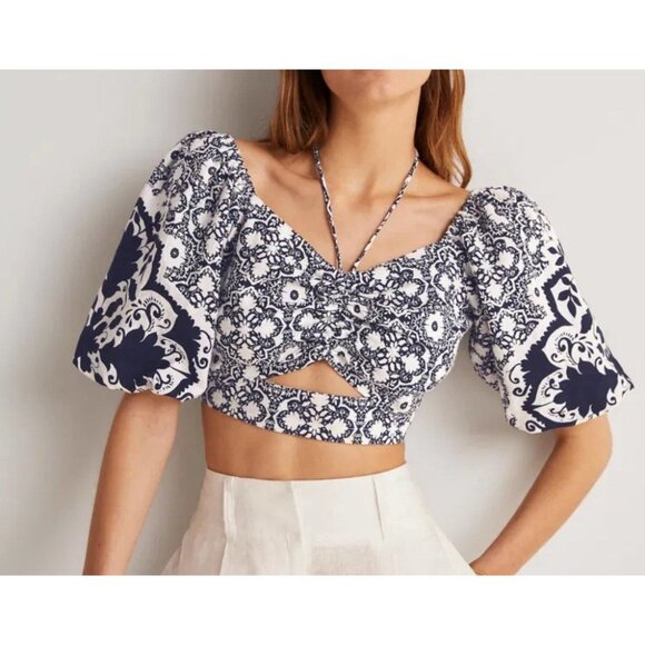 Boden LINEN Halter Neck Cut Out Crop Top Navy Blue WHITE tile Floral Coastal 10 - Picture 5 of 5